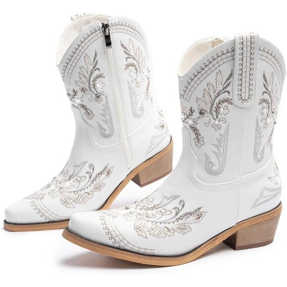 Women White Cowgirl with Sparkly Embroidered Rhinestone Short Western Ankle Boot - Picture 1 of 8